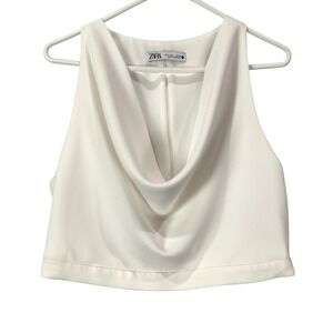 ZARA White Cowl Neck Sleeveless Crop Top Women's Size L Back Zip Up